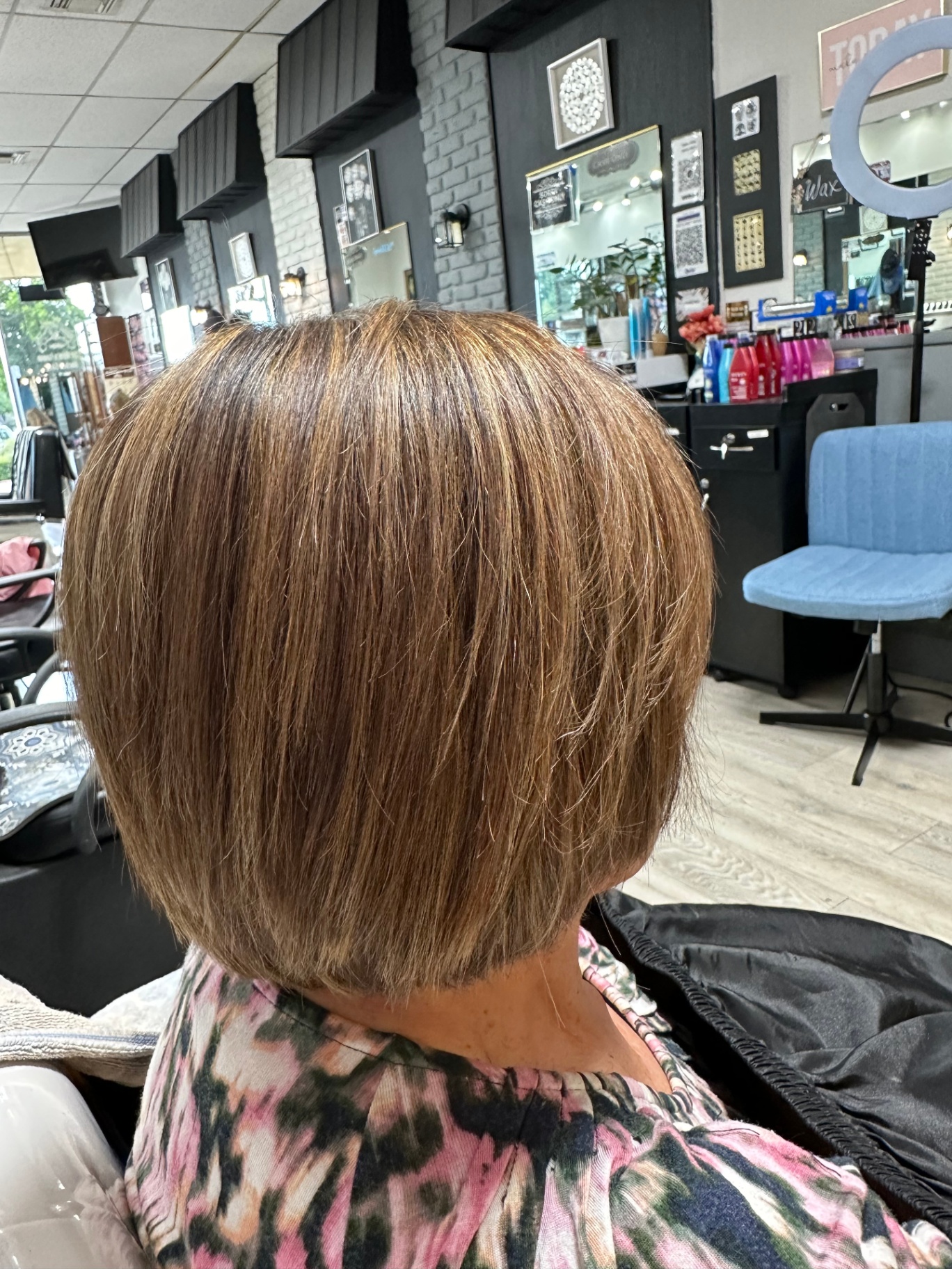 Classic chin-length bob with honey tones