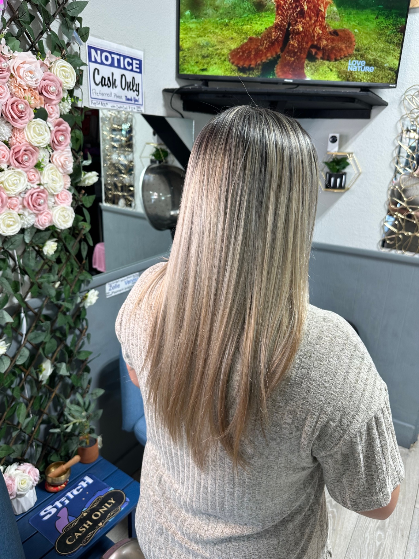 Icy blonde highlights blowout